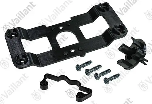 Vaillant Halter aus Kunststoff in Schwarz, bestehend aus einer Hauptplatte, einer Halterung und mehreren Schrauben zur Montage.